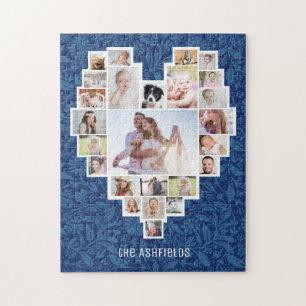 Familie Foto Collage Heart Blue Floral 25 Pic Name Legpuzzel