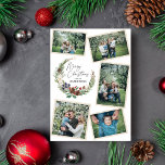 Familie foto Collage Kerstmis gebladerte krans Feestdagenkaart<br><div class="desc">Stuur liefde en blijdschap dit vakantieseizoen met een kerst-wenskaart met vijf mooie foto's van uw familie en een groen blad met gebladerte bestaande uit handbeschilderde waterverf dennenappels,  bladeren,  twijgen en winterbessen.</div>