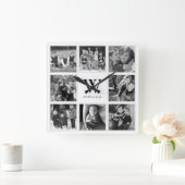 Familie Foto Collage Monogram Black en White Vierkante Klok (Huis)