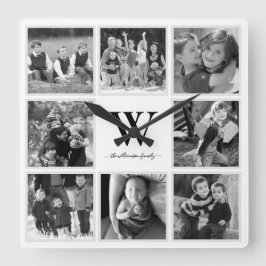 Familie Foto Collage Monogram Black en White Vierkante Klok