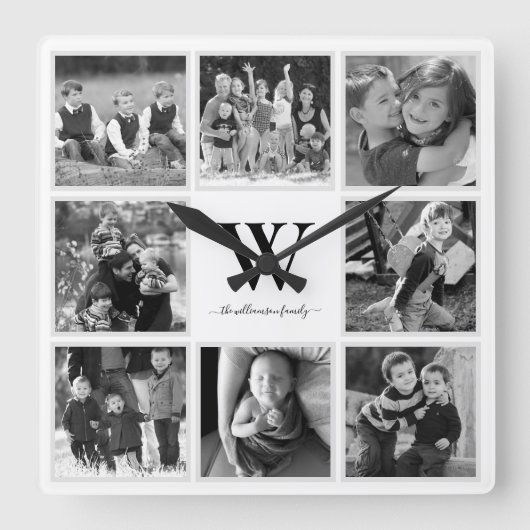 Familie Foto Collage Monogram Black en White Vierkante Klok (Voorkant)