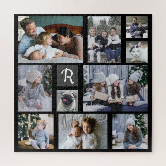 Familie Foto Collage Monogrammed Black 10 Afbeeldi Legpuzzel (Verticaal)