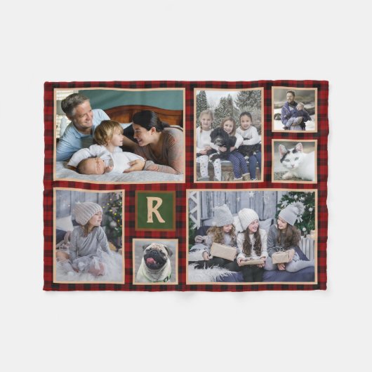 Familie Foto Collage Monogrammed Red Buffalo Pset Fleece Deken (Voorkant (Horizontaal))