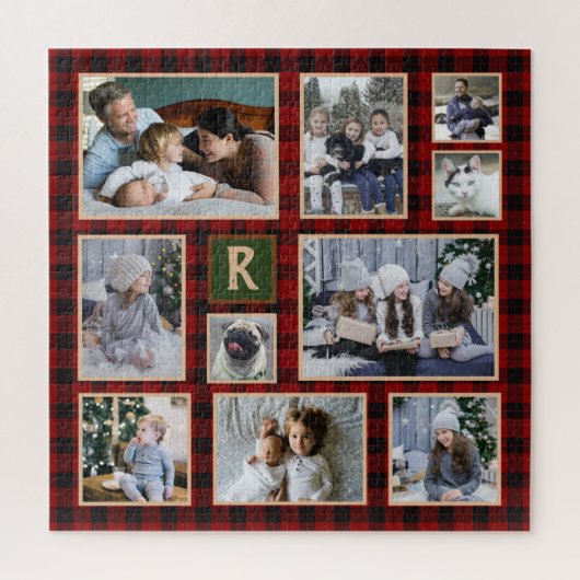 Familie Foto Collage Monogrammed Red Buffalo Pset Legpuzzel (Verticaal)