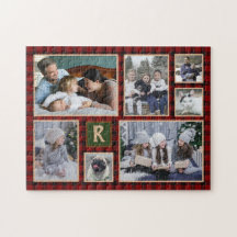 Familie Foto Collage Monogrammed Red Buffalo Pset