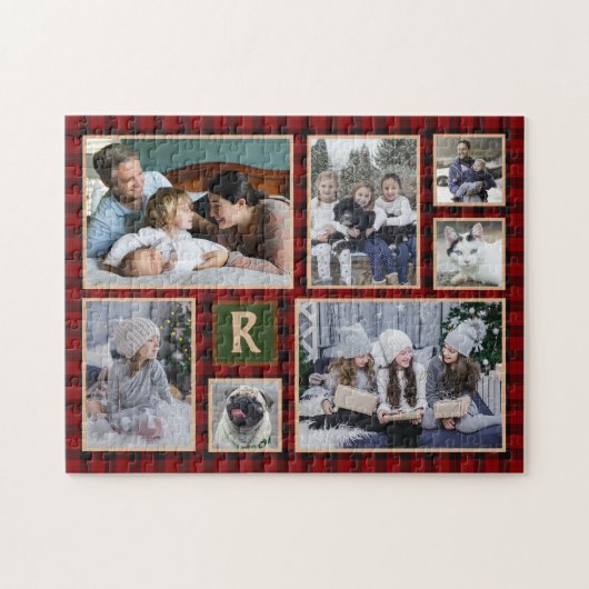 Familie Foto Collage Monogrammed Red Buffalo Pset Legpuzzel (Horizontaal)
