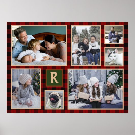 Familie Foto Collage Monogrammed Red Buffalo Pset Poster (Voorkant)