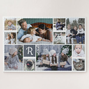 Familie Foto Collage Monogrammed White 11 Afbeeldi Legpuzzel