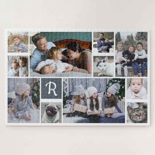 Familie Foto Collage Monogrammed White 11 Afbeeldi Legpuzzel (Horizontaal)