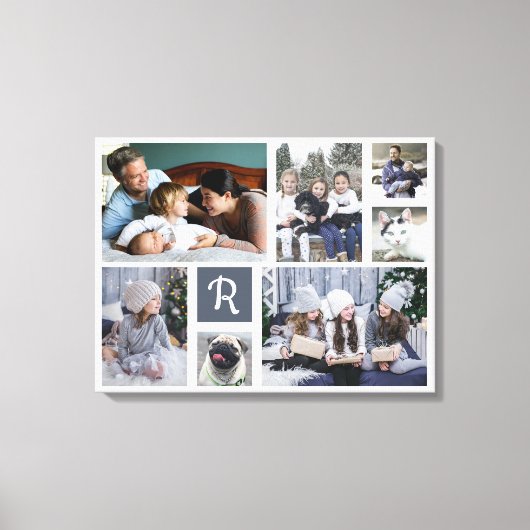 Familie Foto Collage Monogrammen 7 Afbeeldingen Wh Canvas Afdruk (Voorkant)