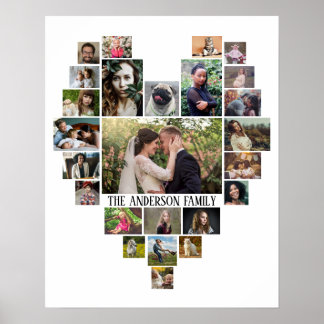 Familie Foto Collage Naam in Hart 25 Pics White Poster