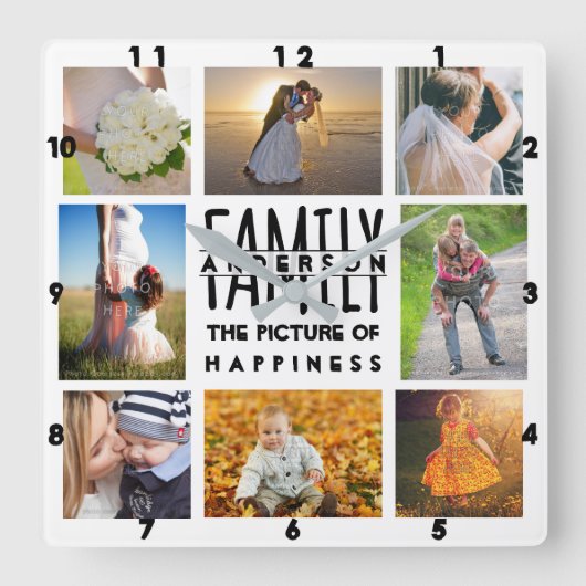 Familie Foto Collage Naam toevoegen Sjabloon | 8 A Vierkante Klok (Voorkant)