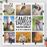 Familie Foto Collage Naam toevoegen Sjabloon | 8 A Vierkante Klok<br><div class="desc">Deze elegante, moderne familiefilm collage vierkante klok is volledig aanpasbaar. Voeg een totaal van 8 foto's toe gebruikend de verstrekte sjablonen. De ontwerpruimte is ingesteld op vier vierkante Instagram-achtige foto's in de hoeken, samen met twee horizontale/landschapsfoto's en twee verticale/horizontale foto's. Het woord "familie" maakt deel uit van het ontwerp, maar...</div>