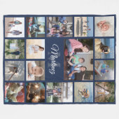 Familie Foto Collage Navy Blue Modern Monogrammed Fleece Deken (Voorkant (Horizontaal))
