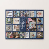 Familie Foto Collage Navy Blue Modern Monogrammed Legpuzzel (Horizontaal)