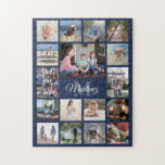 Familie Foto Collage Navy Blue Modern Monogrammed Legpuzzel<br><div class="desc">Geniet van de eenvoudige grappen van het gezin met een unieke en leuke foto-collage puzzel. Als u een achtergrond of tekst in andere kleuren dan blauw, wit en grijs verkiest, zie hieronder instructies. (AFBEELDING PLACEMENT TIP: Een gemakkelijke manier om een foto precies te centreren hoe u wilt is het te...</div>