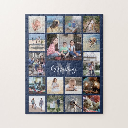 Familie Foto Collage Navy Blue Modern Monogrammed Legpuzzel (Verticaal)