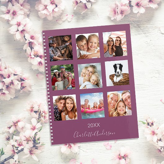 Familie foto collage plum naam script 2026 planner