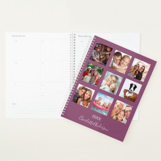 Familie foto collage plum naam script 2026 planner (Display)