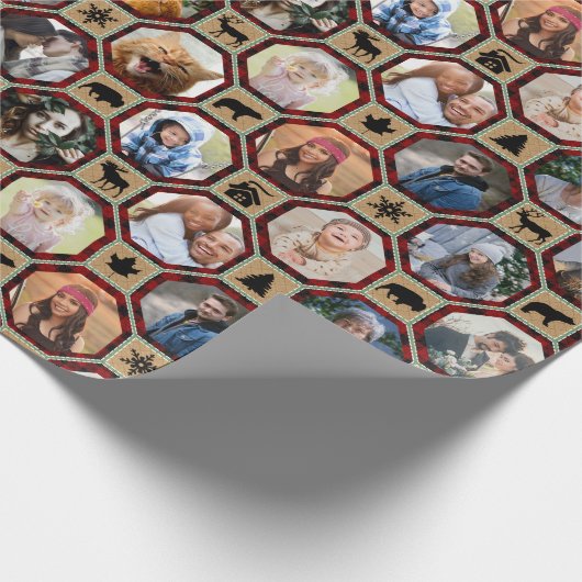 Familie Foto Collage Red Black Buffalo Pset Quilt Cadeaupapier (Hoek)