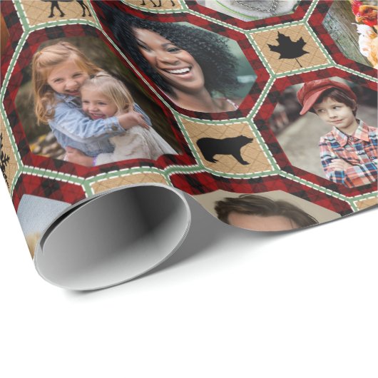 Familie Foto Collage Red Black Buffalo Pset Quilt Cadeaupapier (Rol Hoek)