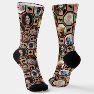 Familie Foto Collage Red Black Buffalo Pset Quilt Sokken