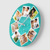 Familie Foto Collage Rustic Chic Farmhouse Blauwgr Grote Klok (Hoek)