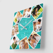 Familie Foto Collage Rustic Chic Farmhouse Blauwgr Vierkante Klok (Hoek)