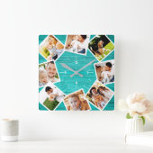 Familie Foto Collage Rustic Chic Farmhouse Blauwgr Vierkante Klok (Huis)