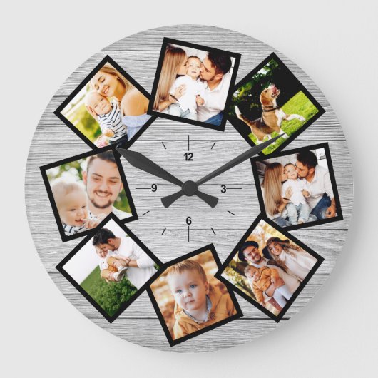 Familie Foto Collage Rustic Chic Farmhouse Gray Grote Klok (Voorkant)