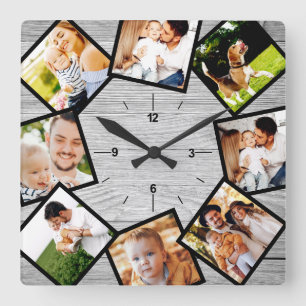 Familie Foto Collage Rustic Chic Farmhouse Gray Vierkante Klok