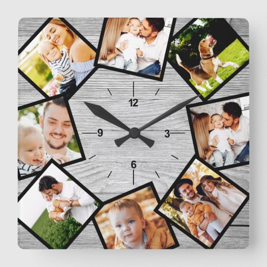 Familie Foto Collage Rustic Chic Farmhouse Gray Vierkante Klok (Voorkant)