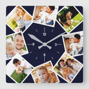 Familie Foto Collage Rustic Farmhouse Dark Blue Vierkante Klok