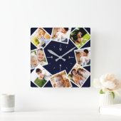 Familie Foto Collage Rustic Farmhouse Dark Blue Vierkante Klok (Huis)
