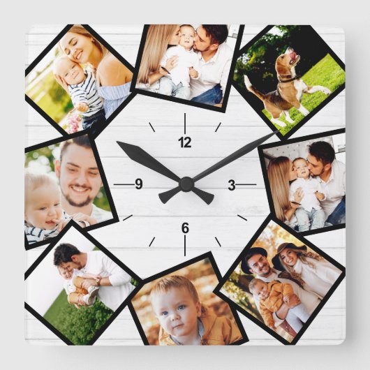 Familie Foto Collage Rustic Farmhouse White Vierkante Klok (Voorkant)