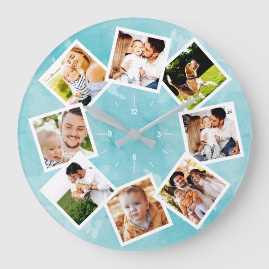 Familie Foto Collage Rustic Light Blue Grote Klok (Voorkant)