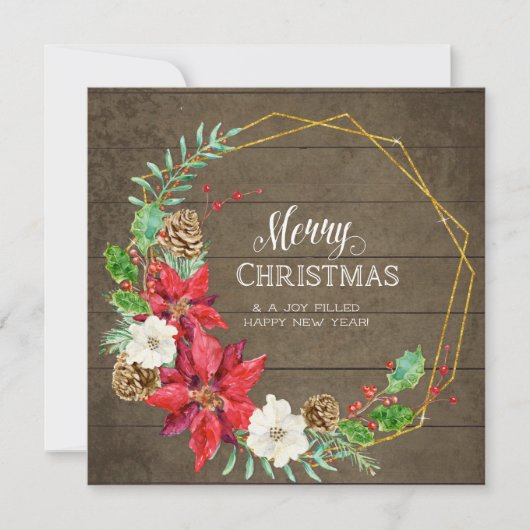 Familie Foto Collage Rustic Wood in Gold Floral Feestdagenkaart (Voorkant)