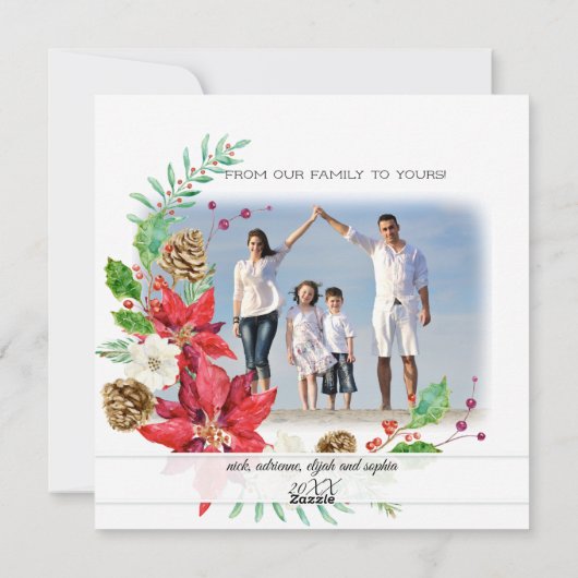 Familie Foto Collage Rustic Wood in Gold Floral Feestdagenkaart (Achterkant)