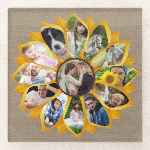 Familie Foto Collage Sunflower Burlap 13 Pics Easy Glazen Onderzetter