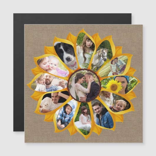 Familie Foto Collage Sunflower Burlap 13 Pics Easy Magnetische Uitnodiging (Voorkant / Achterkant)