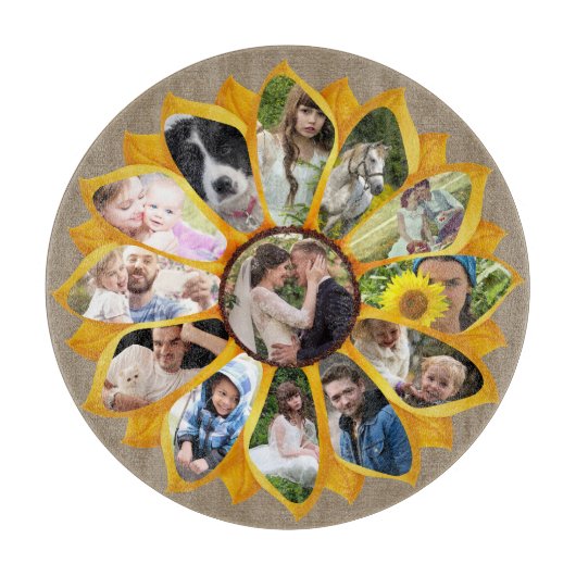 Familie Foto Collage Sunflower Burlap 13 Pics Easy Snijplank (Voorkant)