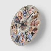 Familie Foto Collage Taupe 13 Custom Bloem Vorm Ronde Klok (Hoek)