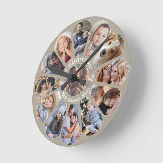Familie Foto Collage Taupe 13 Custom Bloem Vorm Ronde Klok (Hoek)