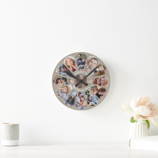 Familie Foto Collage Taupe 13 Custom Bloem Vorm Ronde Klok (Huis)