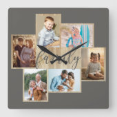 Familie Foto Collage Wood Graan Border Warm Gray Vierkante Klok (Voorkant)