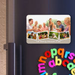 Familie Foto Collage Zigzag Fotostrip Beige Magneet<br><div class="desc">Creëer uw eigen fotocollage voor deze flexibele magneet met enkele van uw favoriete familiefoto's. De sjabloon is opstelling klaar voor u om vijf foto's en uw douanetekst toe te voegen. De steekproefformulering luidt "Onze familierestitutie 20xx" die u natuurlijk kunt bewerken of verwijderen zoals u wilt. De hoofdfoto zal als achtergrond...</div>