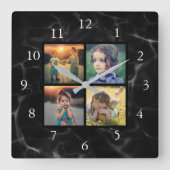 Familie foto collage zwart marmeren patroon vierkante klok (Voorkant)