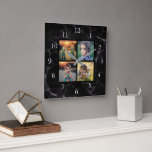 Familie foto collage zwart marmeren patroon vierkante klok<br><div class="desc">Aangepaste familiefoto collage op zwarte marmeren achtergrondklok. Voeg je eigen persoonlijke foto's toe om de klok te personaliseren. Hoef niet alleen vierkante foto's toe te voegen,  andere maten passen ook,  meestal. Als je hulp nodig hebt,  neem dan contact met mij op.</div>
