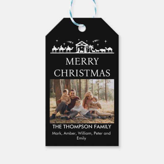 Familie Foto Eenvoudige Geboorte Religieuze Kerstm Cadeaulabel (Voorkant)