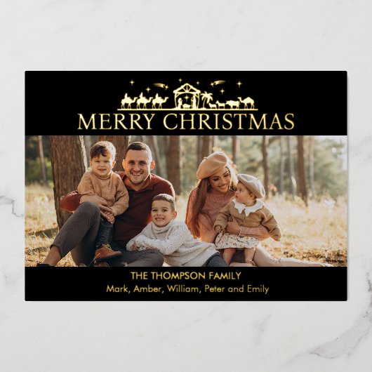 Familie Foto Eenvoudige Geboorte Religieuze Kerstm Folie Feestdagenkaart (Voorkant)